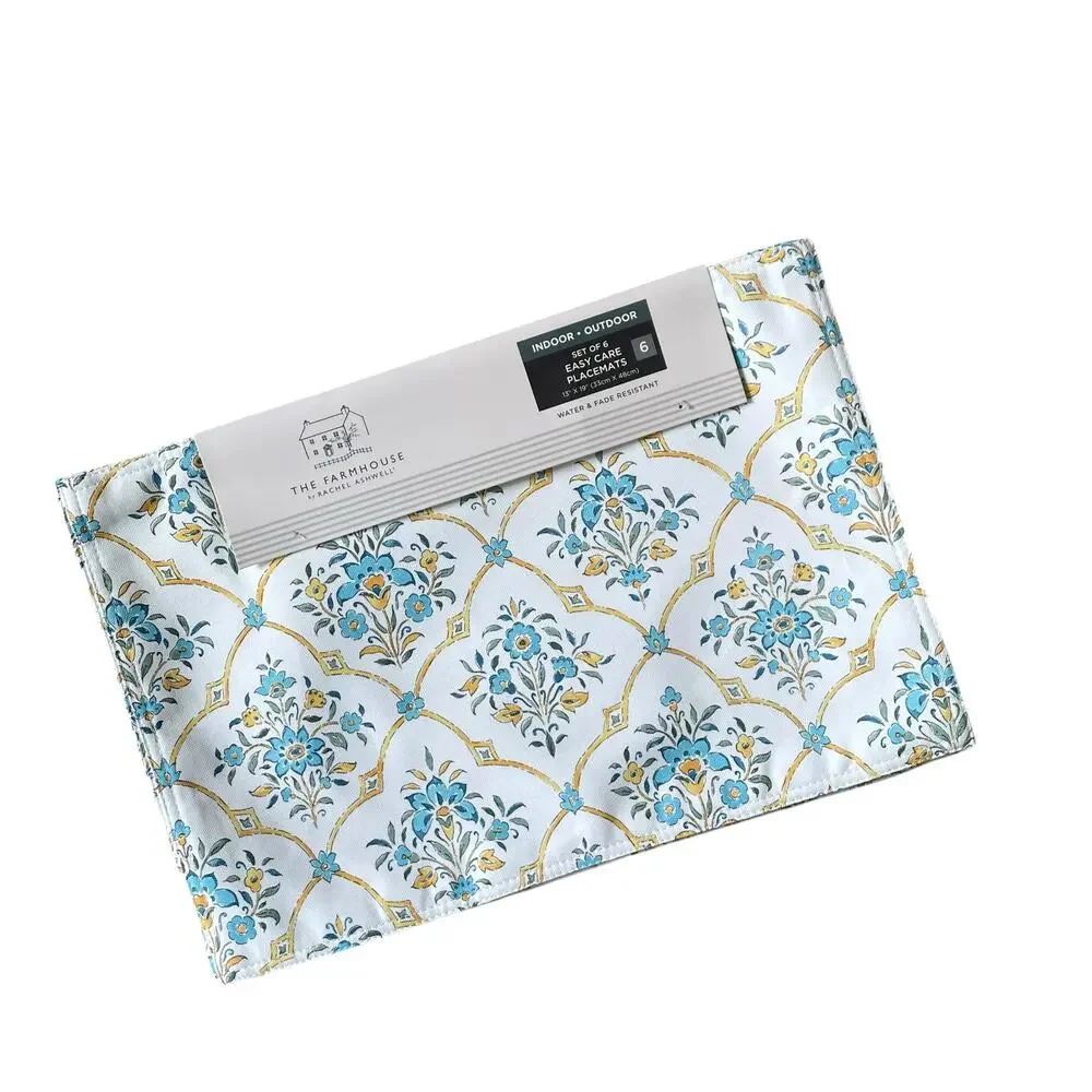Rachel Ashwell Farmhouse Floral Placemats 13x19 Yellow Blue White Set of 6 NEW
